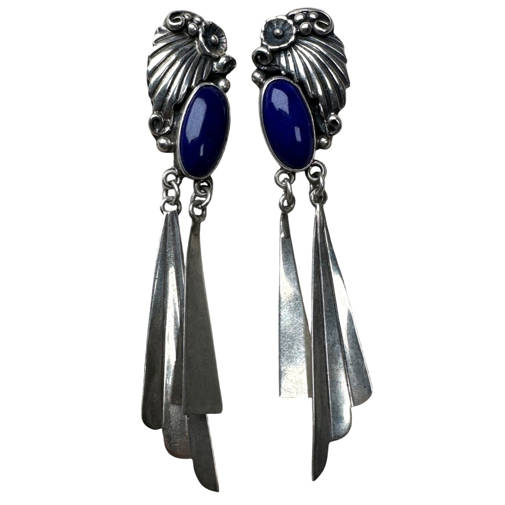 Vintage Sterling Silver Blue Dangle Earrings Southwestern Fan Design